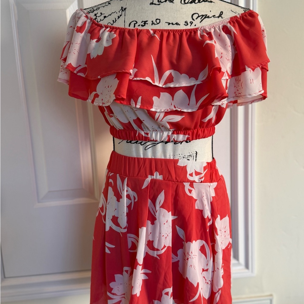 White and Red Ruffled A-Line Midi Skirt